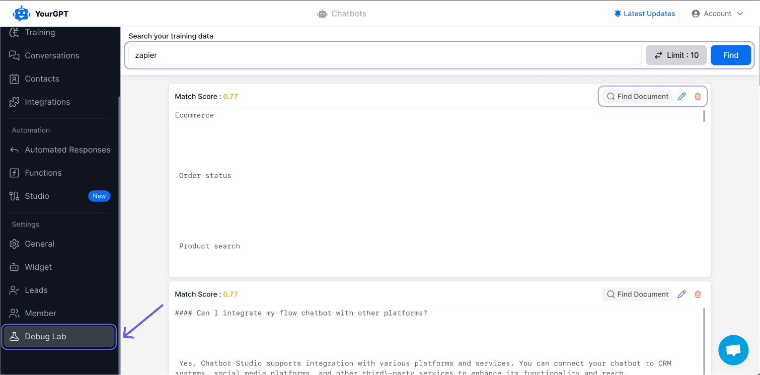 Debug Lab interface