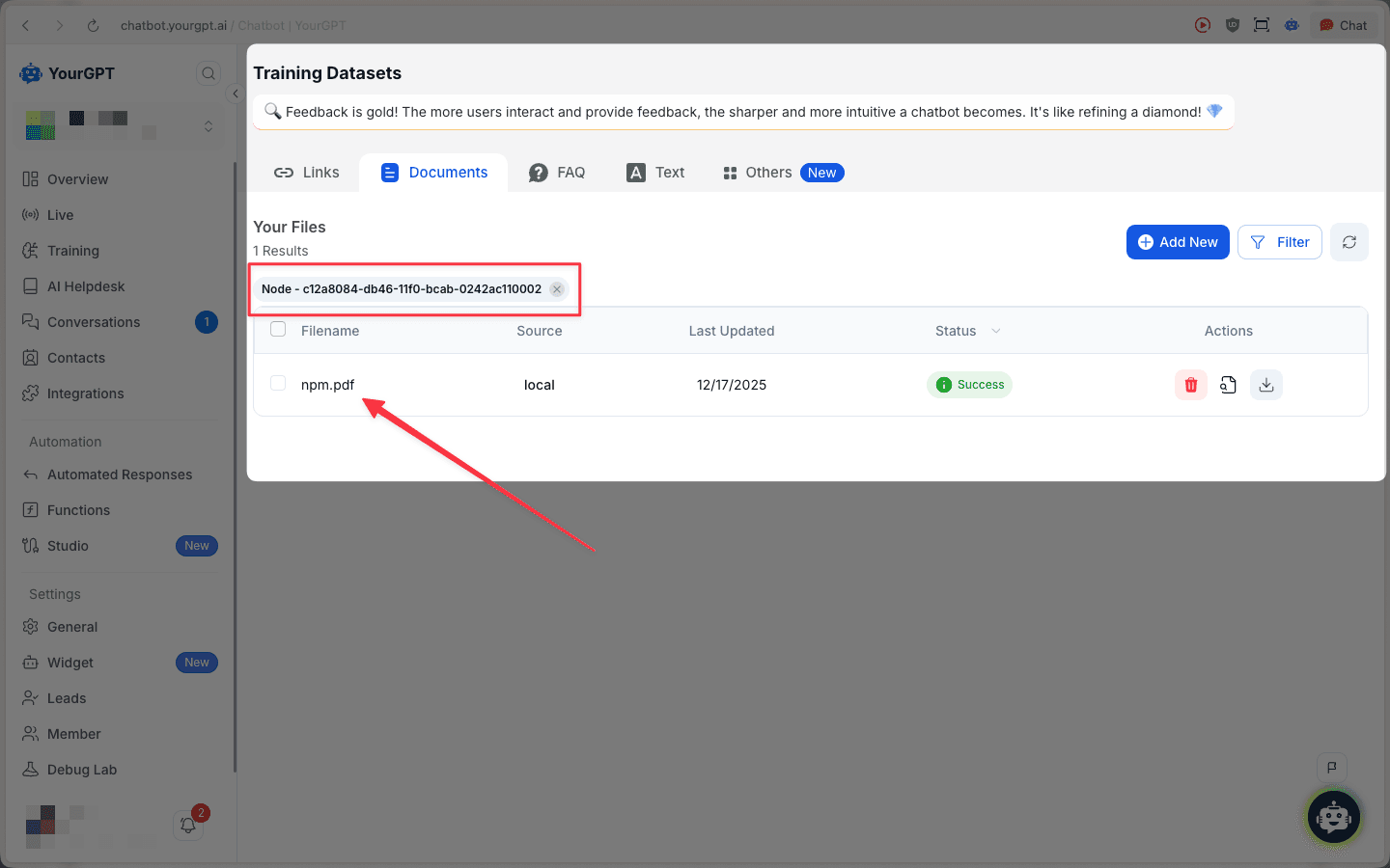 Locate node in training datasets