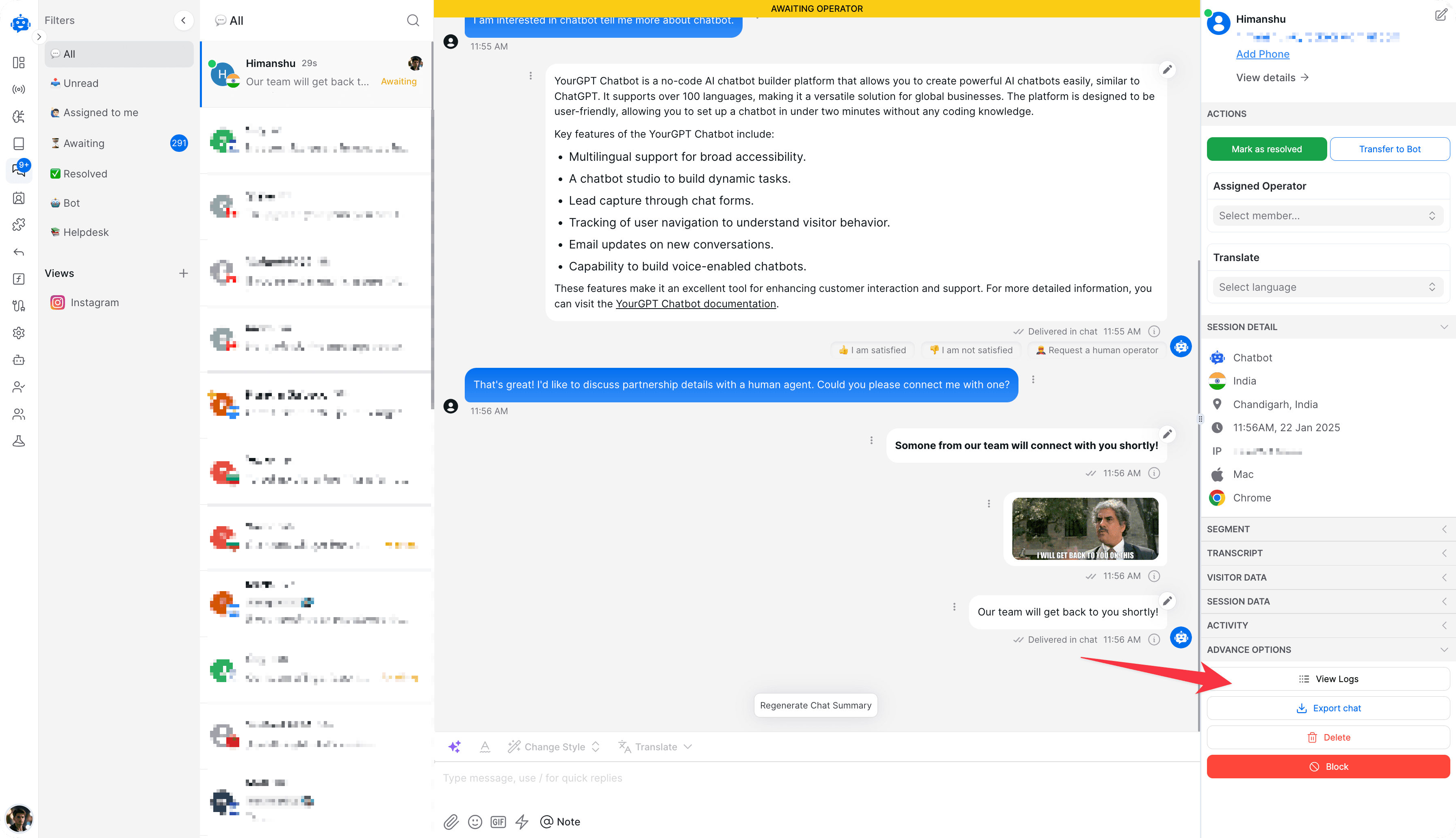 View Session Log for Specific Conversation