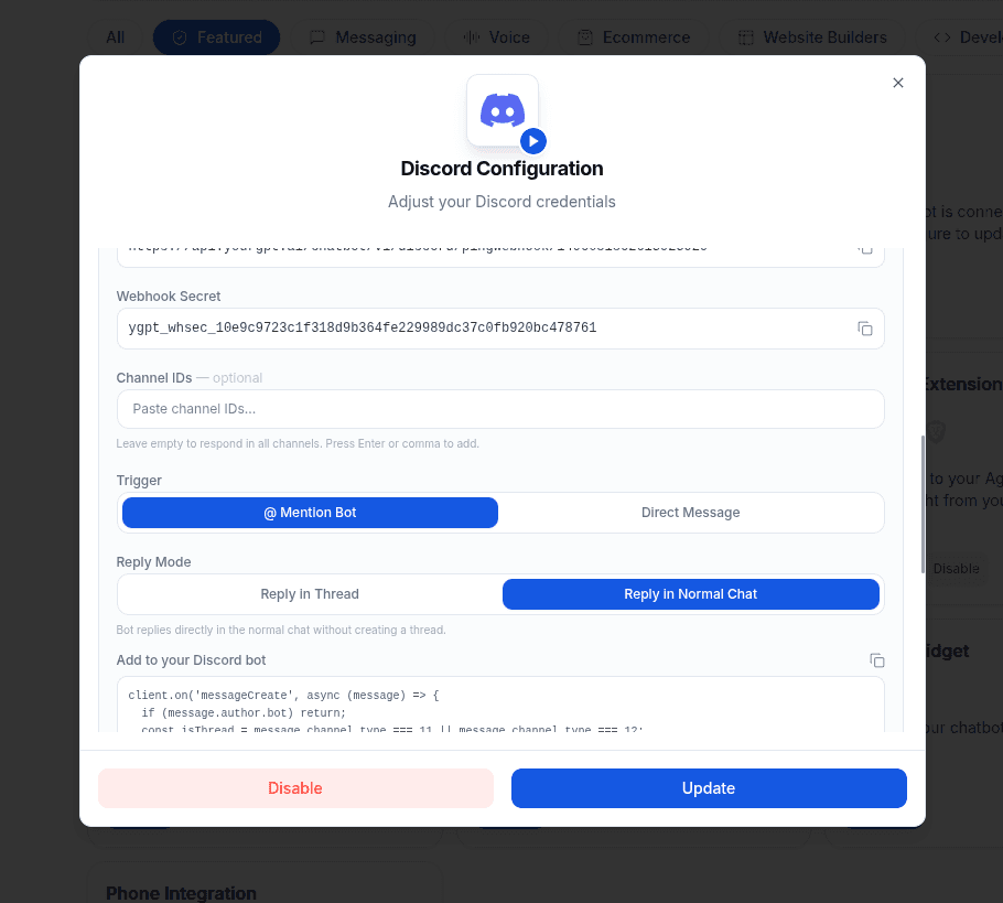 Discord bot trigger mode and reply mode settings in YourGPT dashboard
