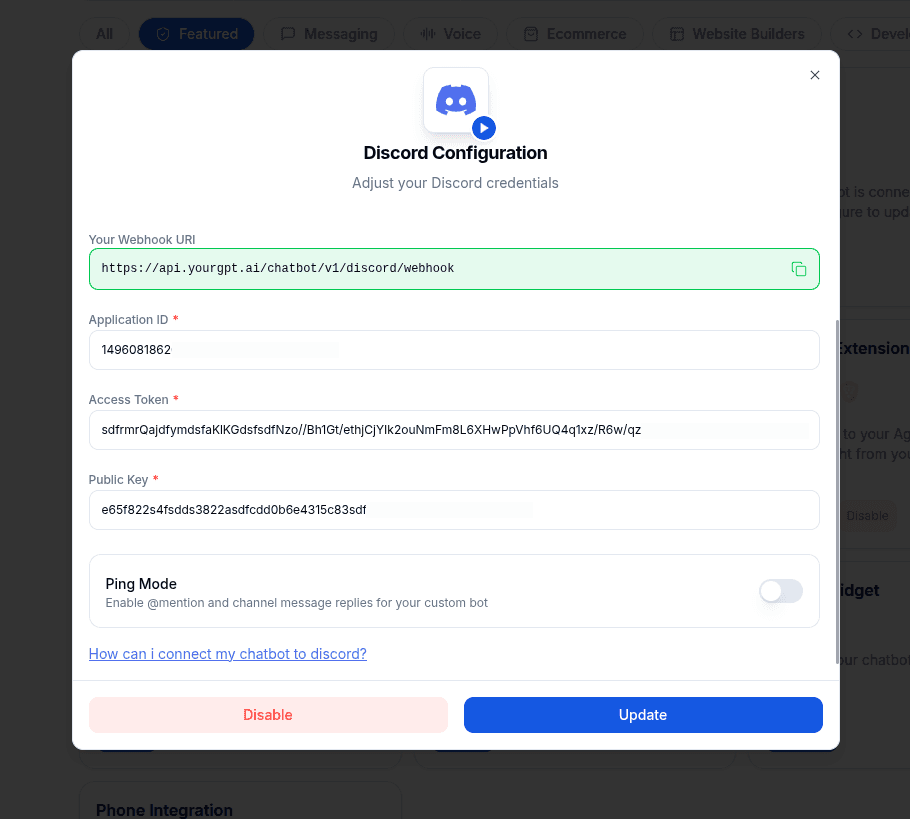 Enable Ping Mode in YourGPT Discord custom bot integration settings