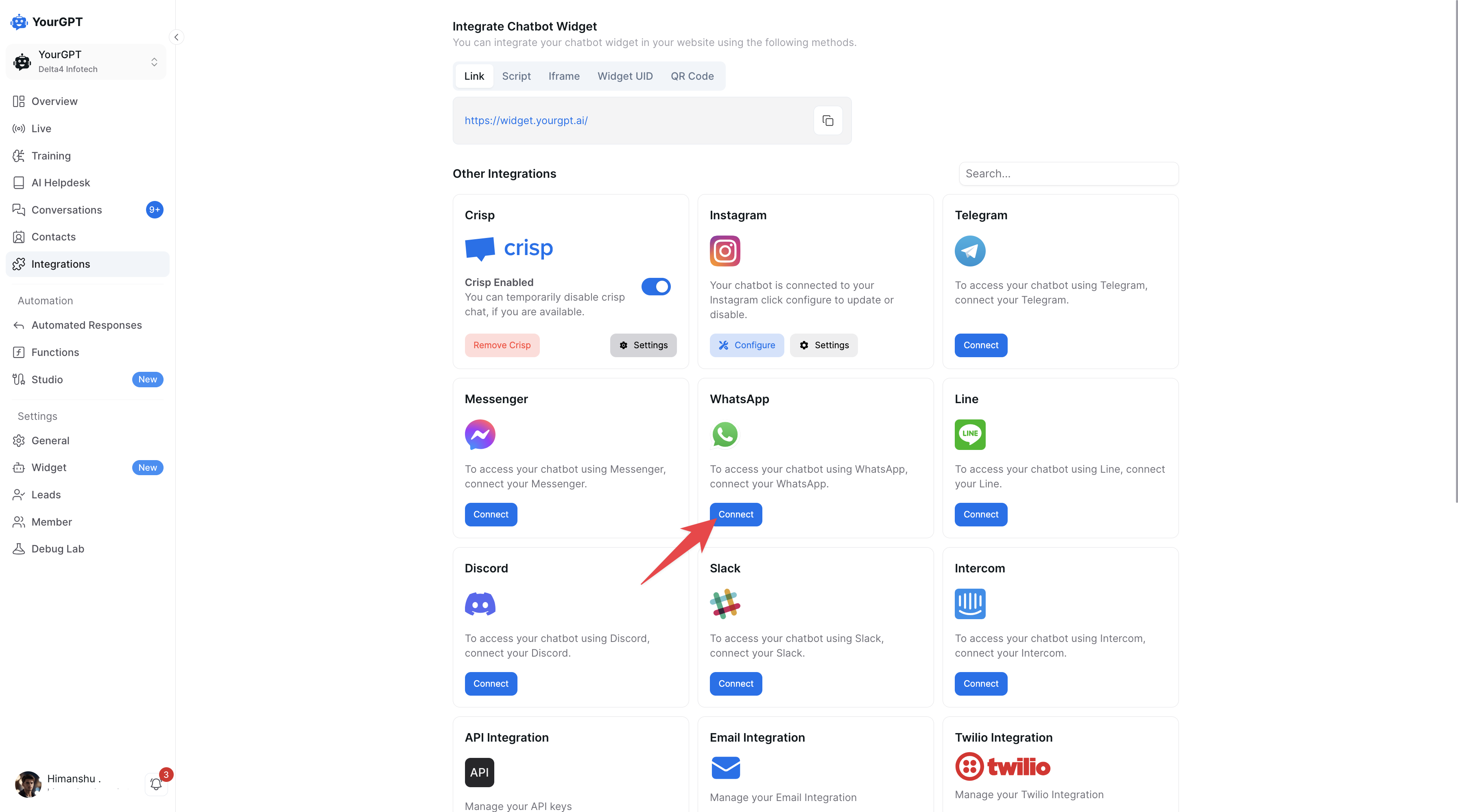 YourGPT Integration page with the WhatsApp card