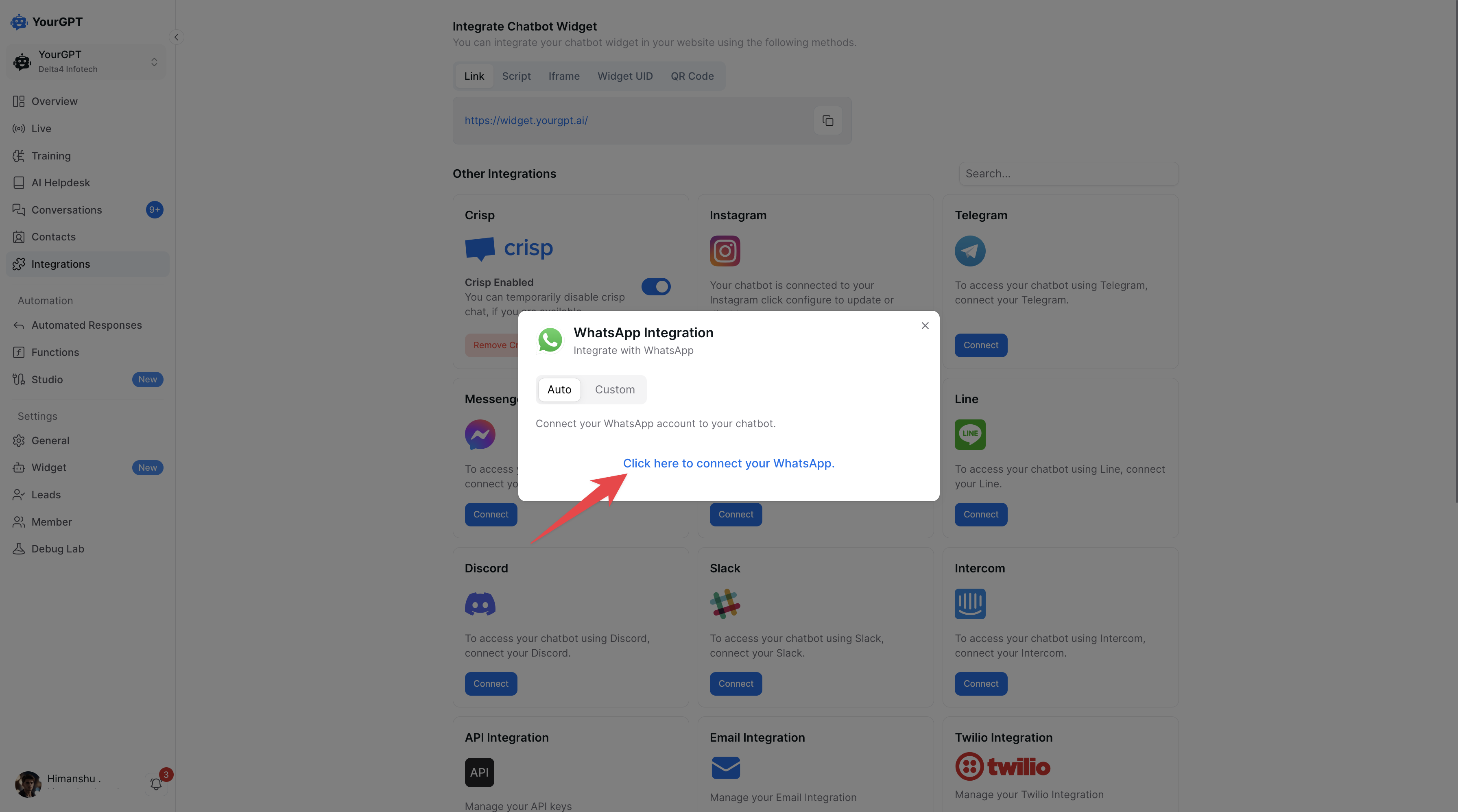 YourGPT WhatsApp integration with Auto selected and Connect