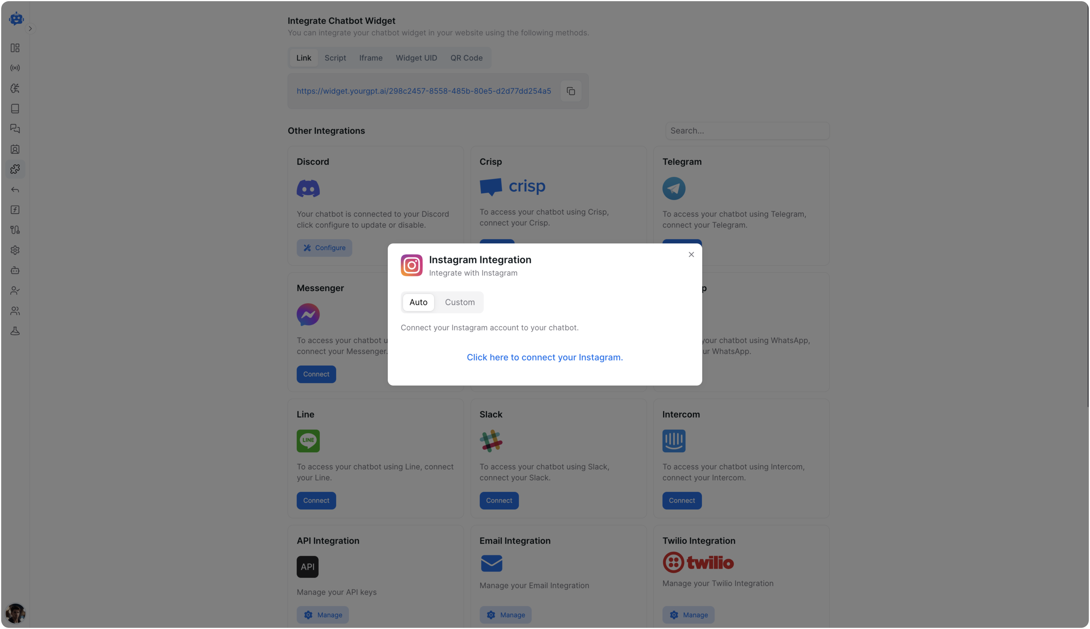 Instagram Auto Integration in YourGPT dashboard