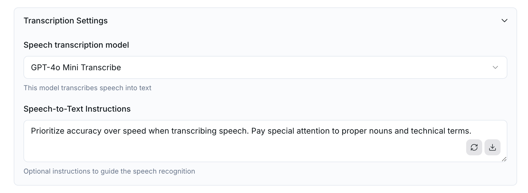 transcription model settings